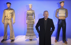 Designer Jean Paul Gaultier gives an interview at an exhibition of his works in the Brooklyn borough of New York